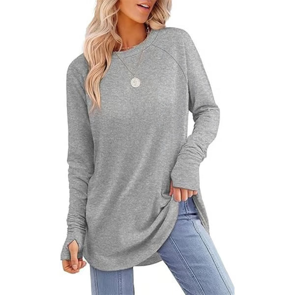 Womens Tunic Tops to Wear with Leggings Long Sleeve Thumb Hole Shirts Crew Neck Curved Hem