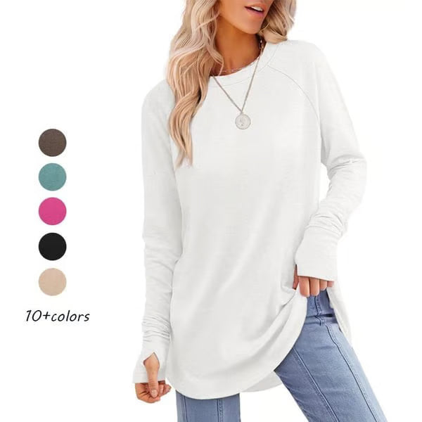 Womens Tunic Tops to Wear with Leggings Long Sleeve Thumb Hole Shirts Crew Neck Curved Hem