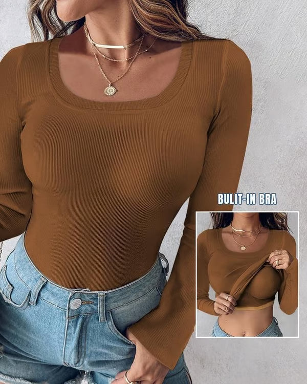 🔥Buy 1 Get 1 Free🔥Neck Built-in Bra Long Sleeve Ribbed Top Shirts Elegant Skinny Fit Fabric💥