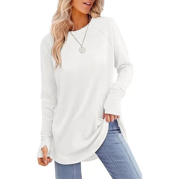 Womens Tunic Tops to Wear with Leggings Long Sleeve Thumb Hole Shirts Crew Neck Curved Hem