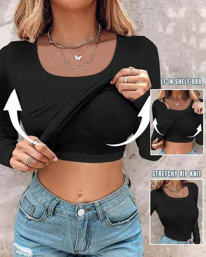 🔥Buy 1 Get 1 Free🔥Neck Built-in Bra Long Sleeve Ribbed Top Shirts Elegant Skinny Fit Fabric💥