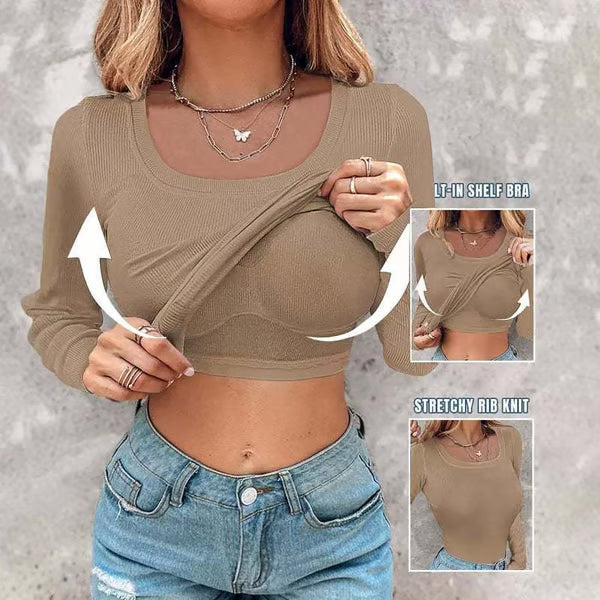 🔥Buy 1 Get 1 Free🔥Neck Built-in Bra Long Sleeve Ribbed Top Shirts Elegant Skinny Fit Fabric💥