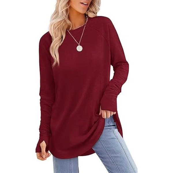 Womens Tunic Tops to Wear with Leggings Long Sleeve Thumb Hole Shirts Crew Neck Curved Hem